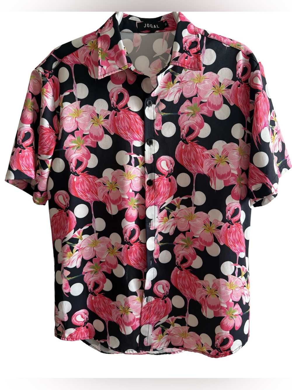 Flamingo Print Button Up Shirt Polka Dot Black Pink Tropical Size M